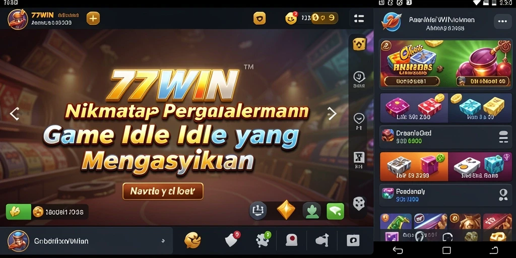 Screenshot gameplay 77WIN menampilkan karakter yang bekerja otomatis dengan sistem Idle.