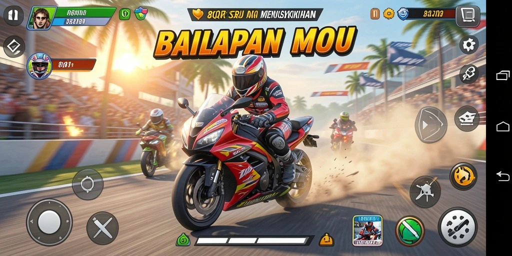 Tangkapan layar dari gameplay <strong>8QR</strong> menampilkan balapan motor yang mendebarkan.