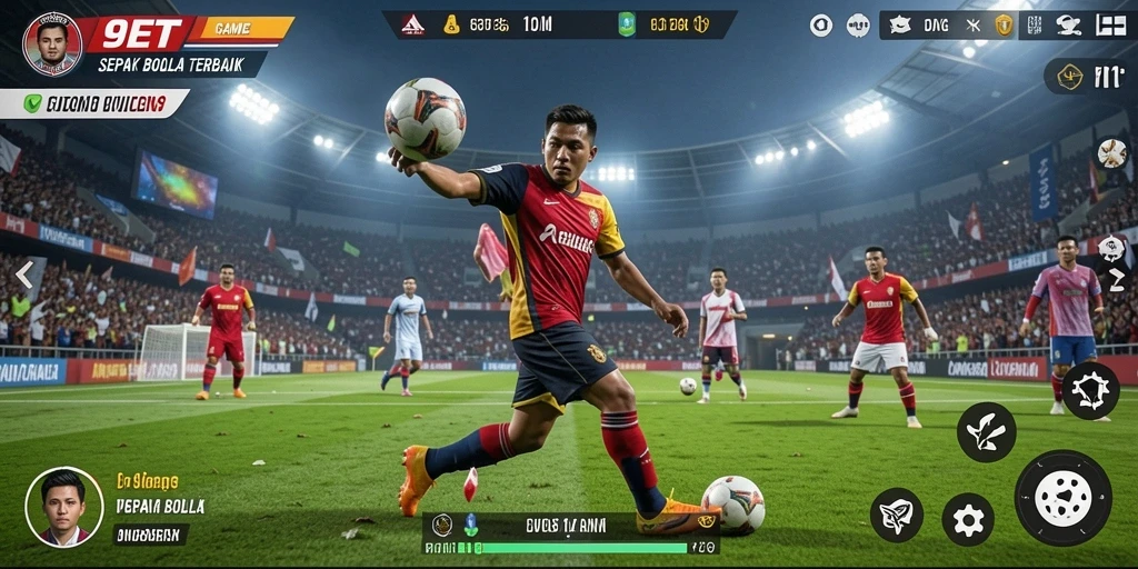 Screenshot utama 9ET menunjukkan intensitas permainan sepak bola yang seru.
