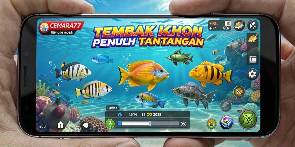 Screenshot utama dari game CEMARA77 menampilkan aksi menembak ikan yang seru.