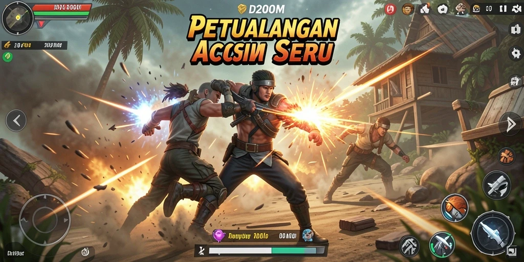 Screenshot utama D200M menampilkan pertarungan yang seru dan penuh aksi.