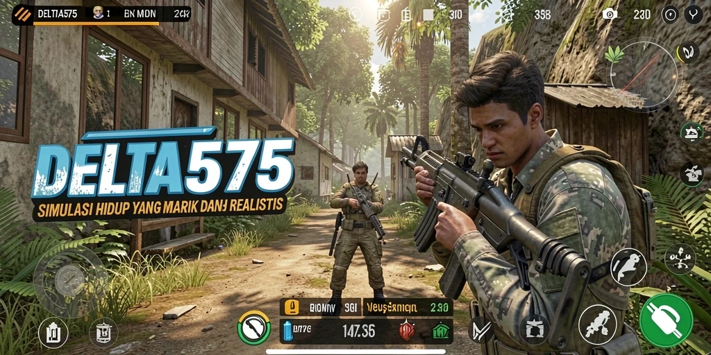 Tangkapan layar DELTA575 menampilkan karakter utama dalam lingkungan simulasi yang indah.
