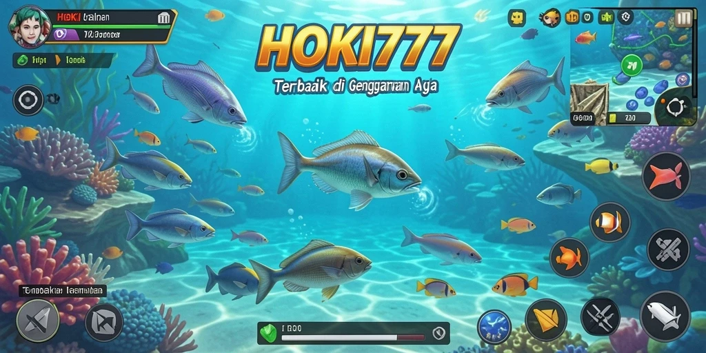 Screenshot gameplay HOKI777 dengan aksi menangkap ikan.