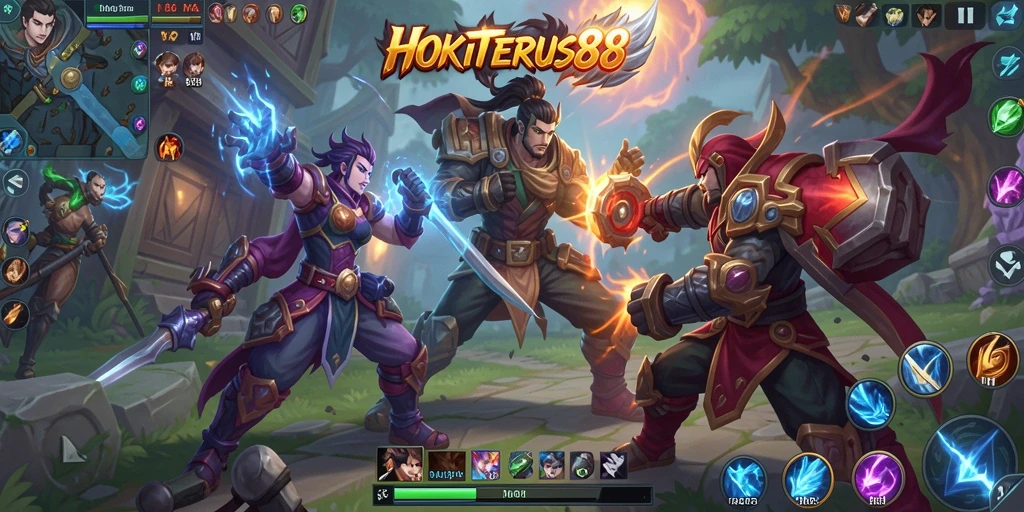Tampilan gameplay seru di HOKITERUS88 dengan aksi MOBA yang memukau.