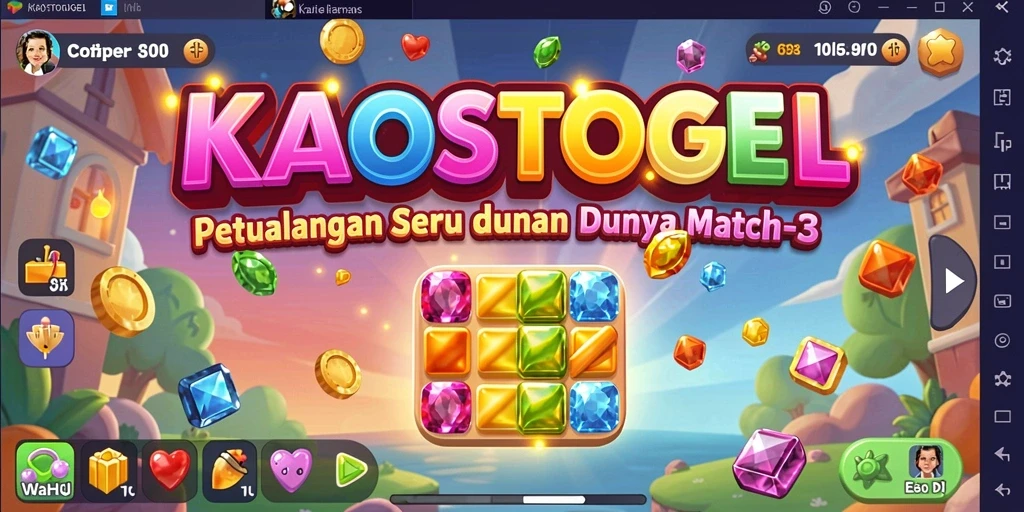 Gameplay seru KAOSTOGEL dengan banyak level Match-3 menarik.