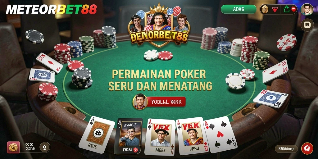 Tampilan gameplay seru di METEORBET88 dengan pemain poker yang menarik.