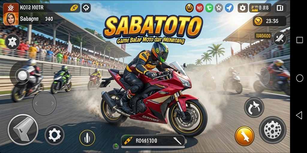 Tampilan gameplay SABATOTO yang menggembirakan sambil balapan motorsport.